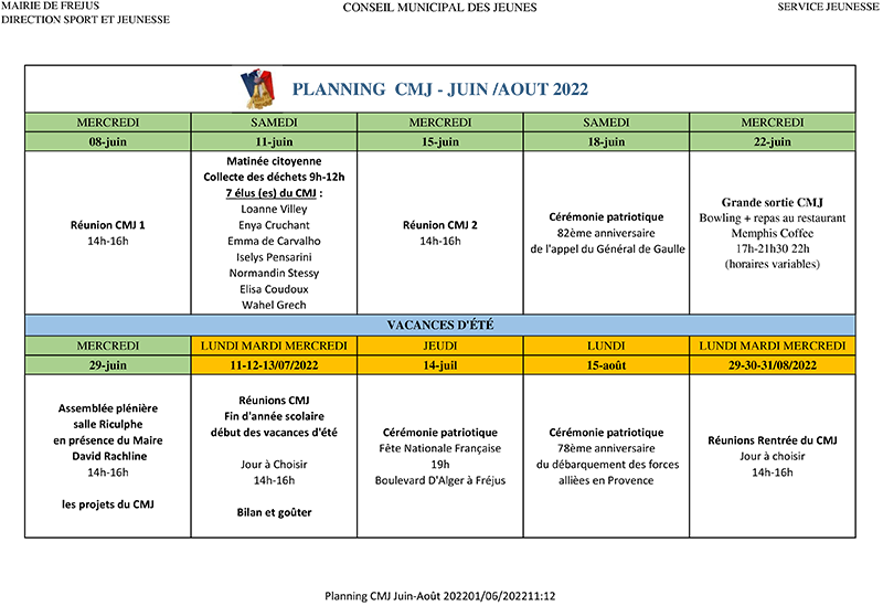 Le planning du Conseil Municipal des Jeunes